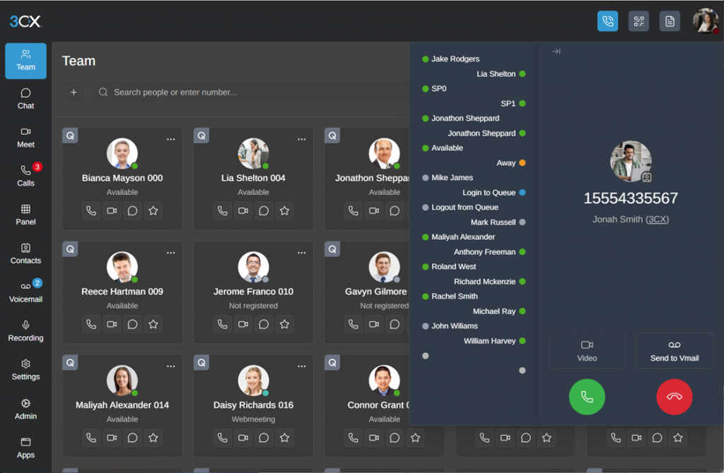 3CX Web Client showing team availability and calling tools